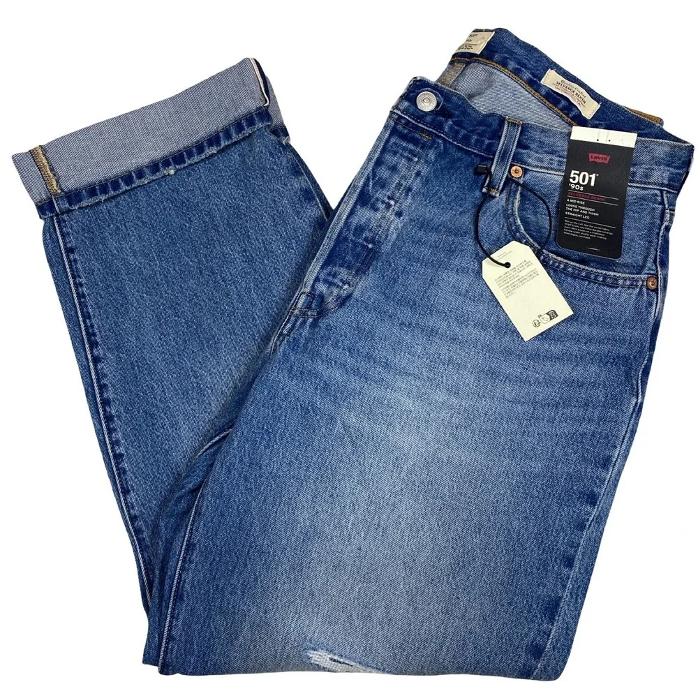 Levis 501 90s‎ Selvedge Denim Jeans Medium Wash Distressed A19590085 33x30